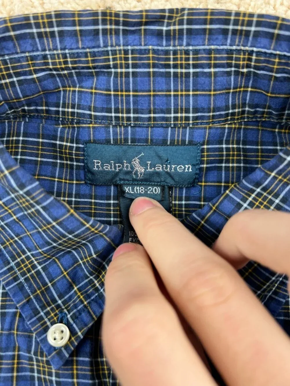 Ralph Lauren Blue Yellow Plaid Boys Size XL Button Up Cotton Casual Long Sleeve